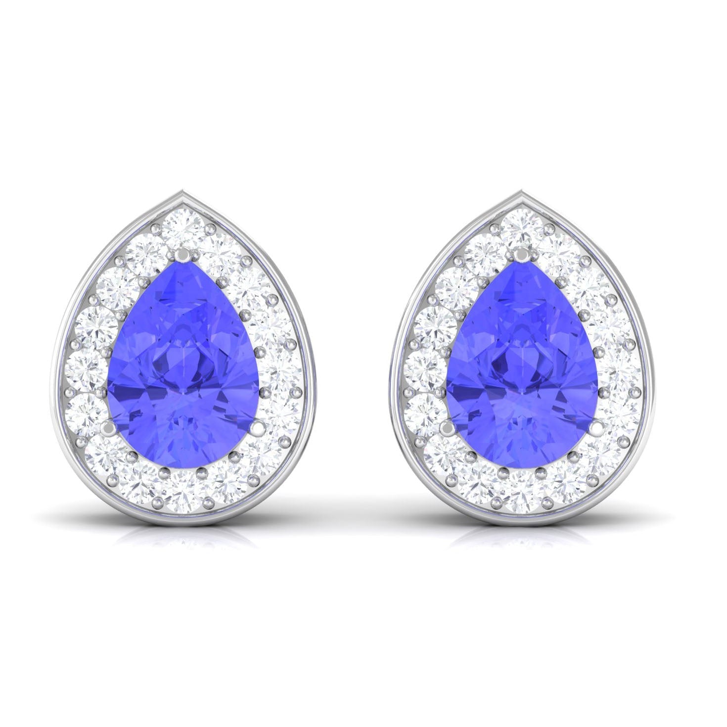 Real 1.6 Carat Pear Shape Tanzanite Stud Earrings with Diamond Halo