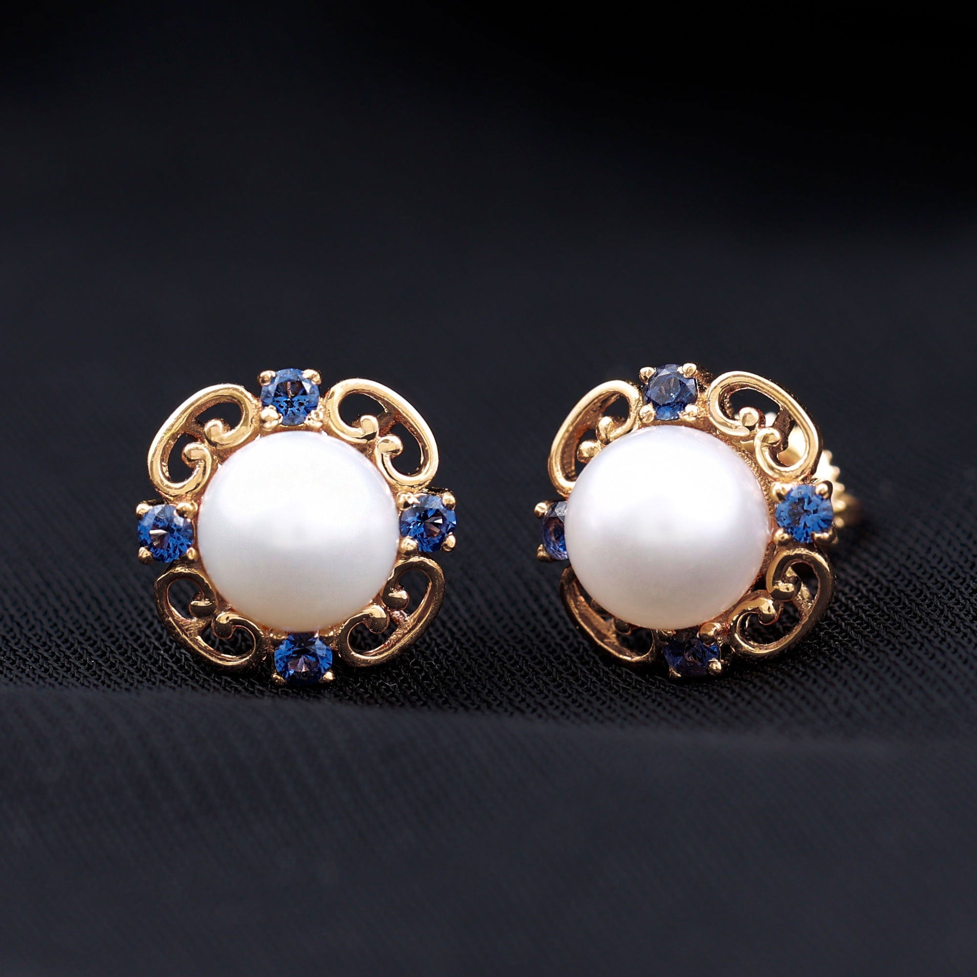 Vintage Freshwater Pearl Stud Earrings with Created Blue Sapphire