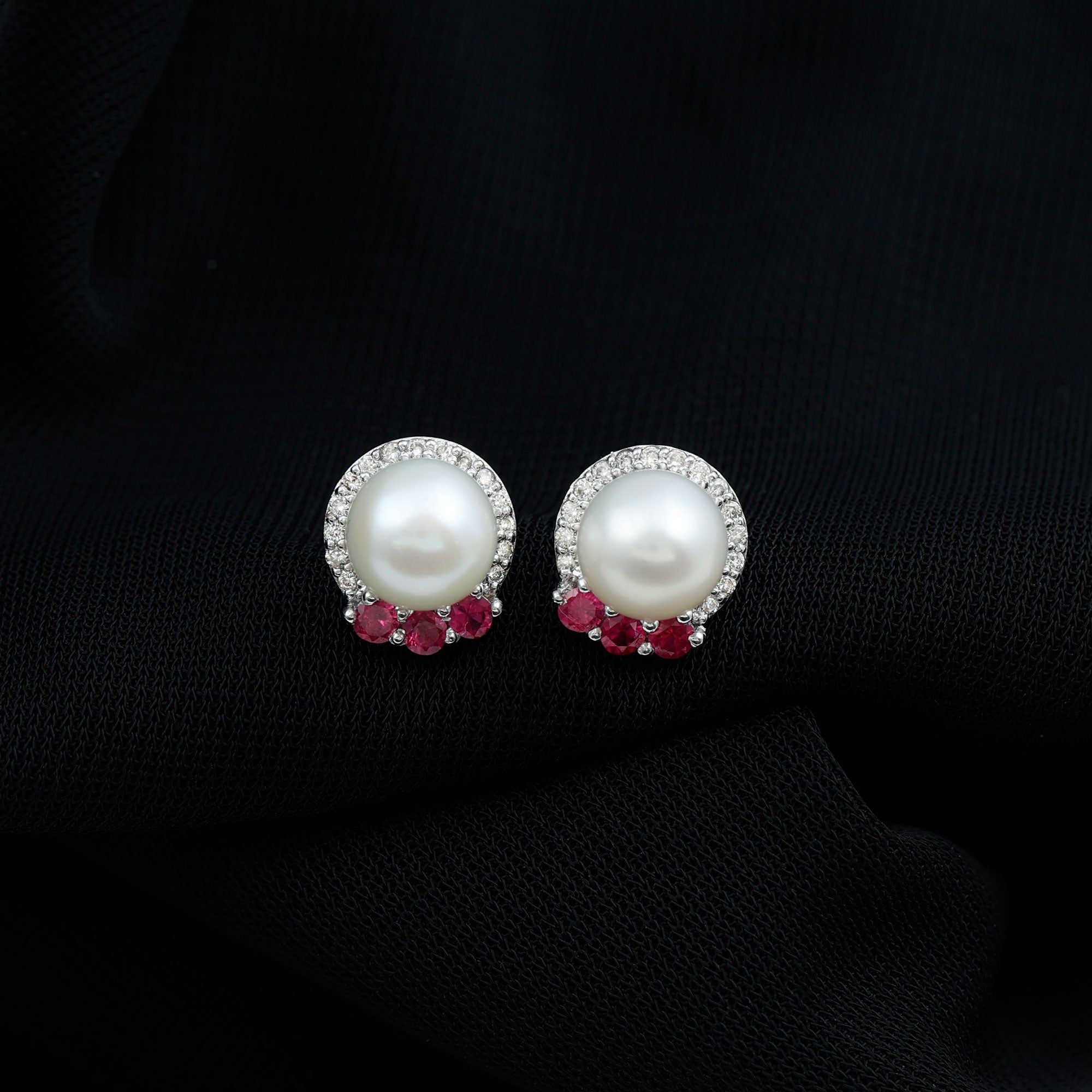 6 Carat Freshwater Pearl Stud Earrings with Ruby and Diamond Halo
