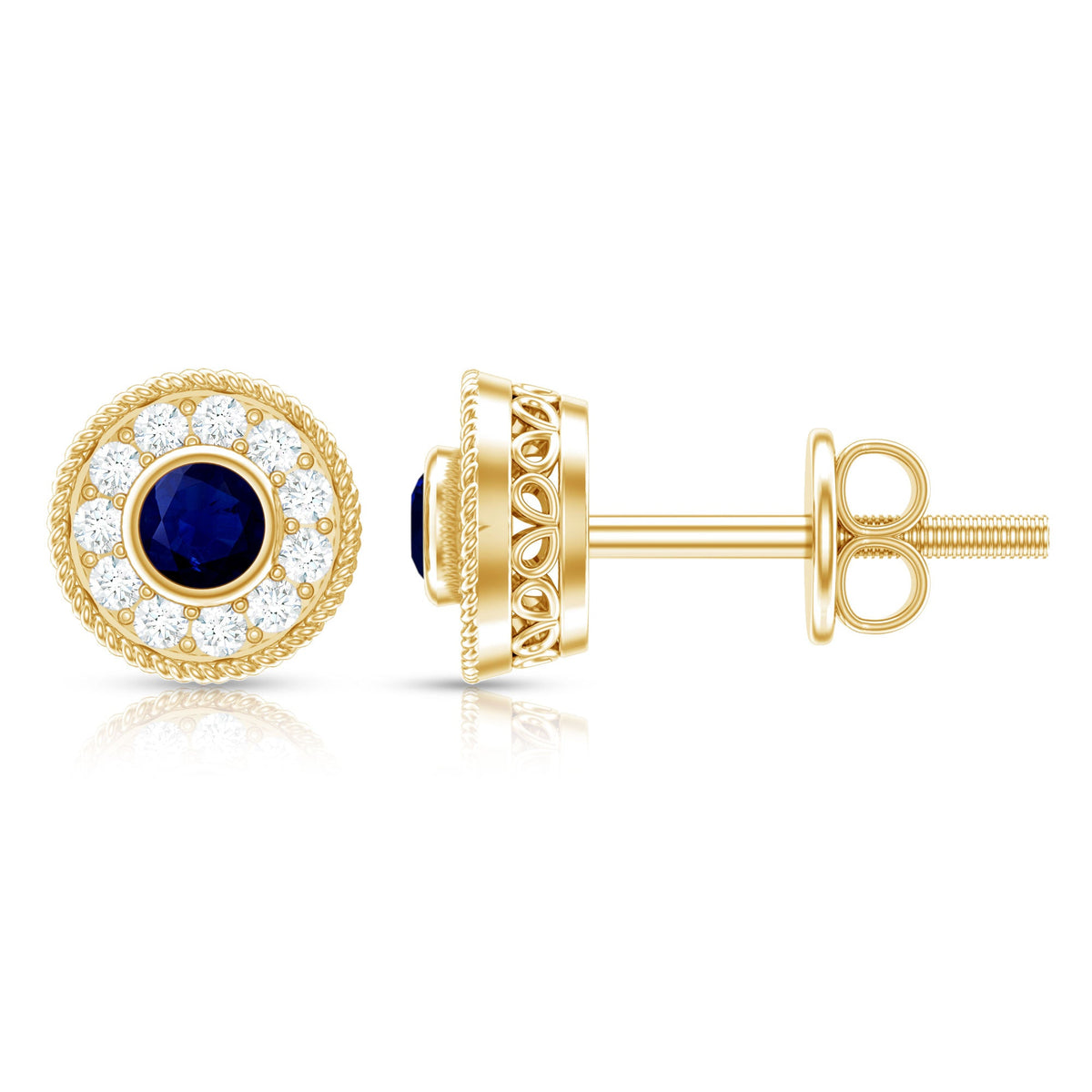 Antique Blue Sapphire and Diamond Halo Stud Earrings