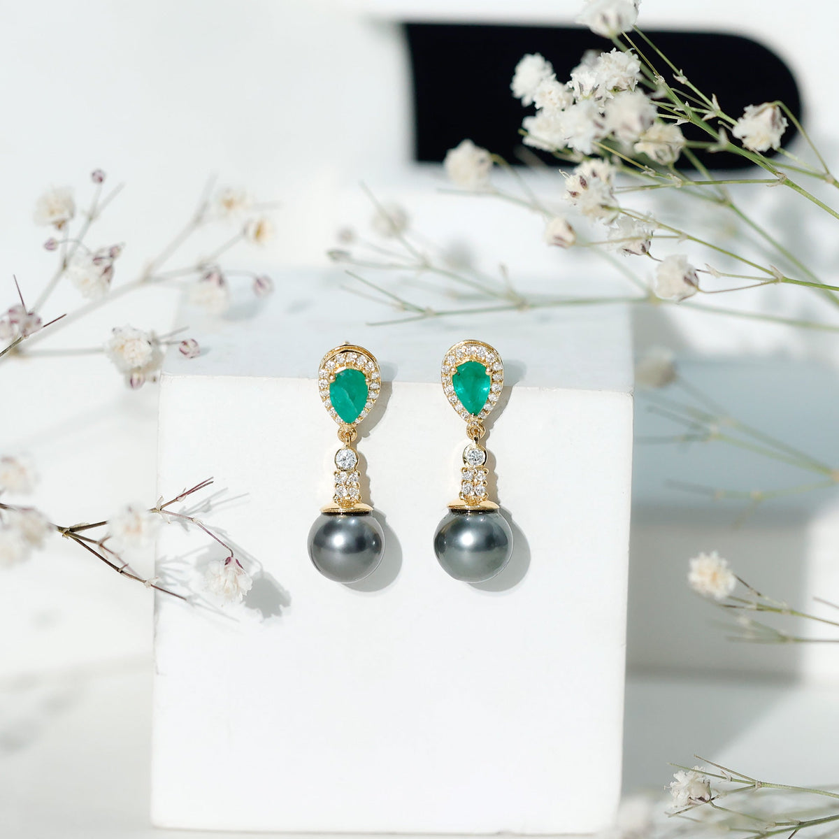 Genuine Black Pearl Wedding Earrings with Emerald and Diamond