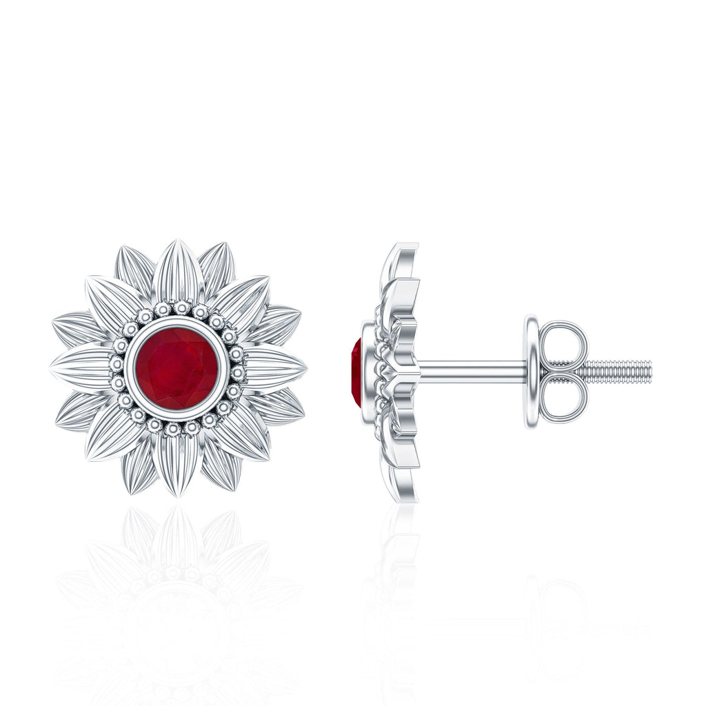 Bezel Set Real Ruby Flower Stud Earrings