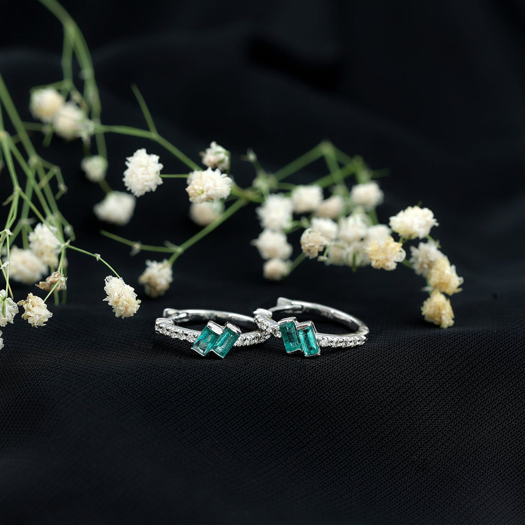 Baguette Emerald and Diamond Hoop Earrings For Women
