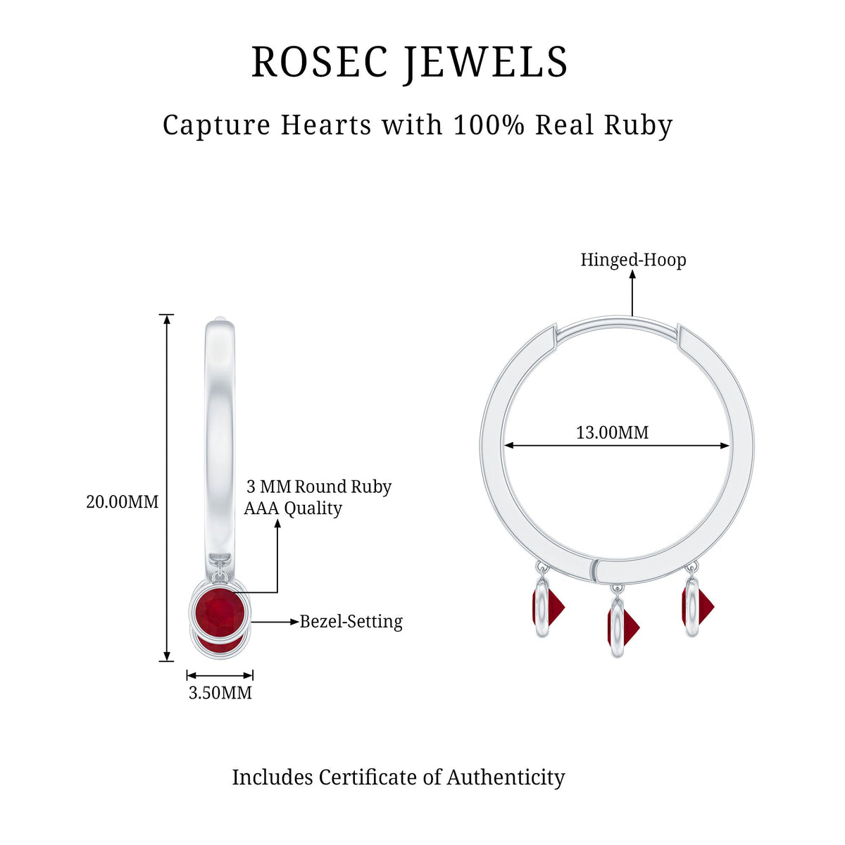 Natural Ruby Drop Hoop Earrings for Women