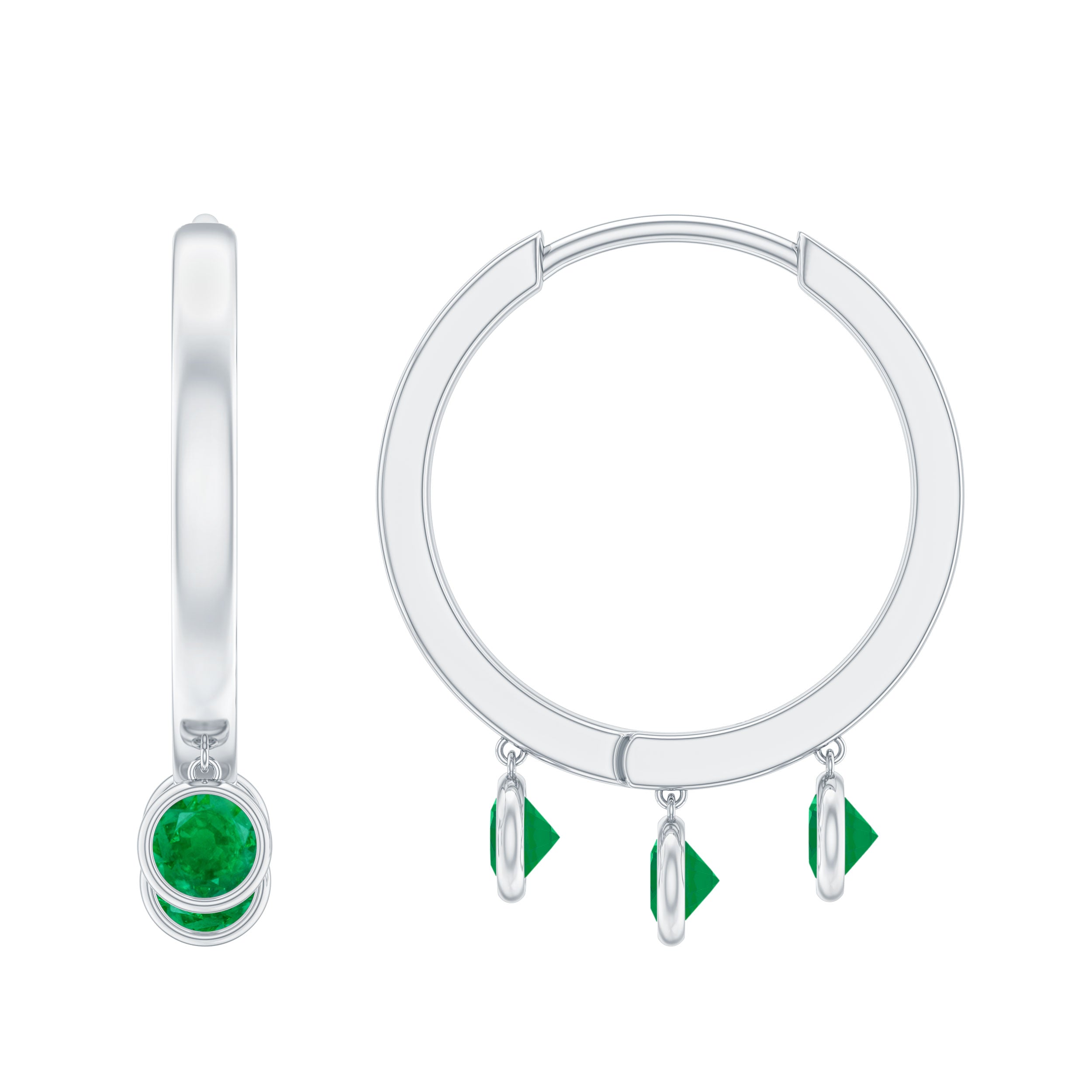 Certified Real 3 Stone Emerald Drop Hoop Earrings