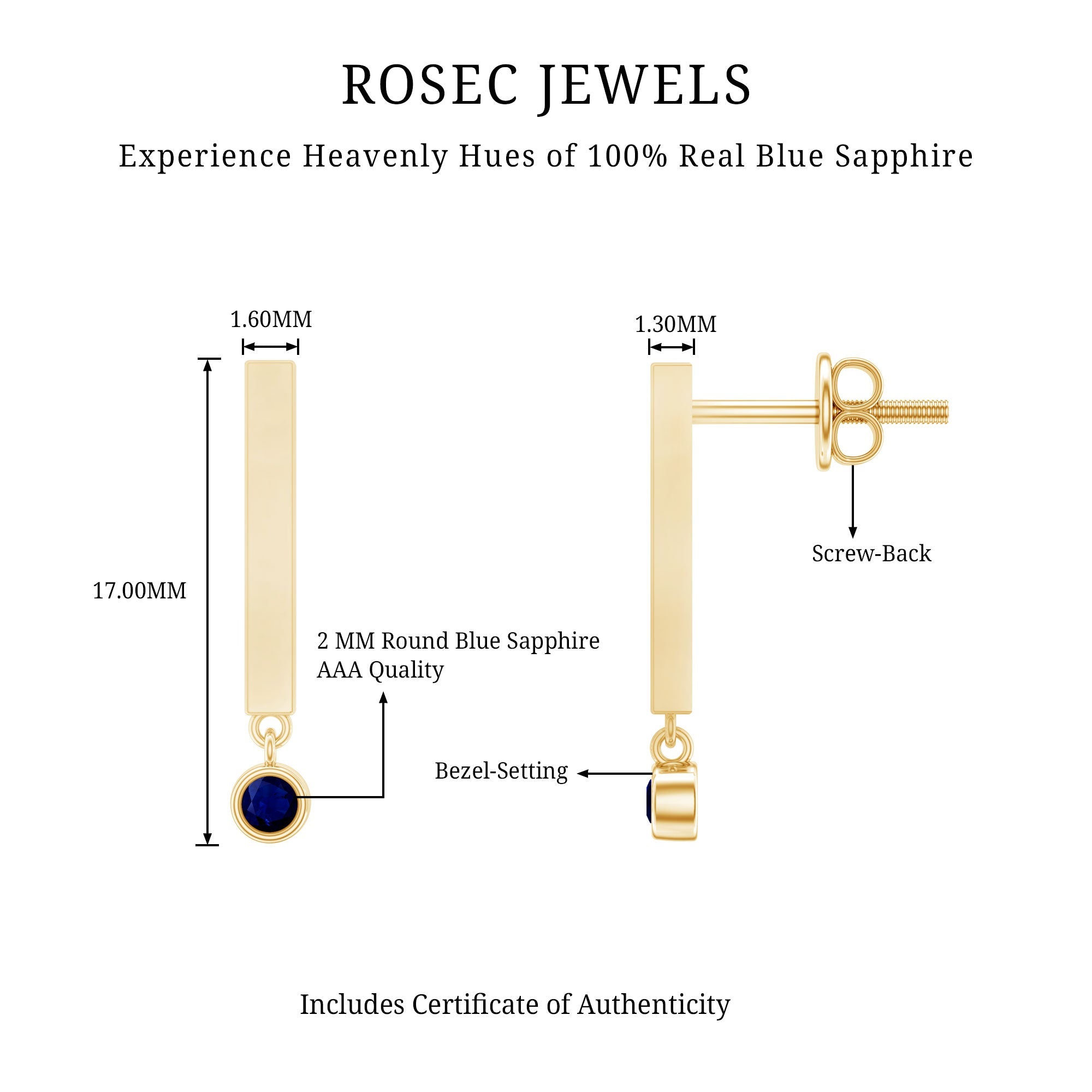Round Blue Sapphire Bar Drop Earrings for Women