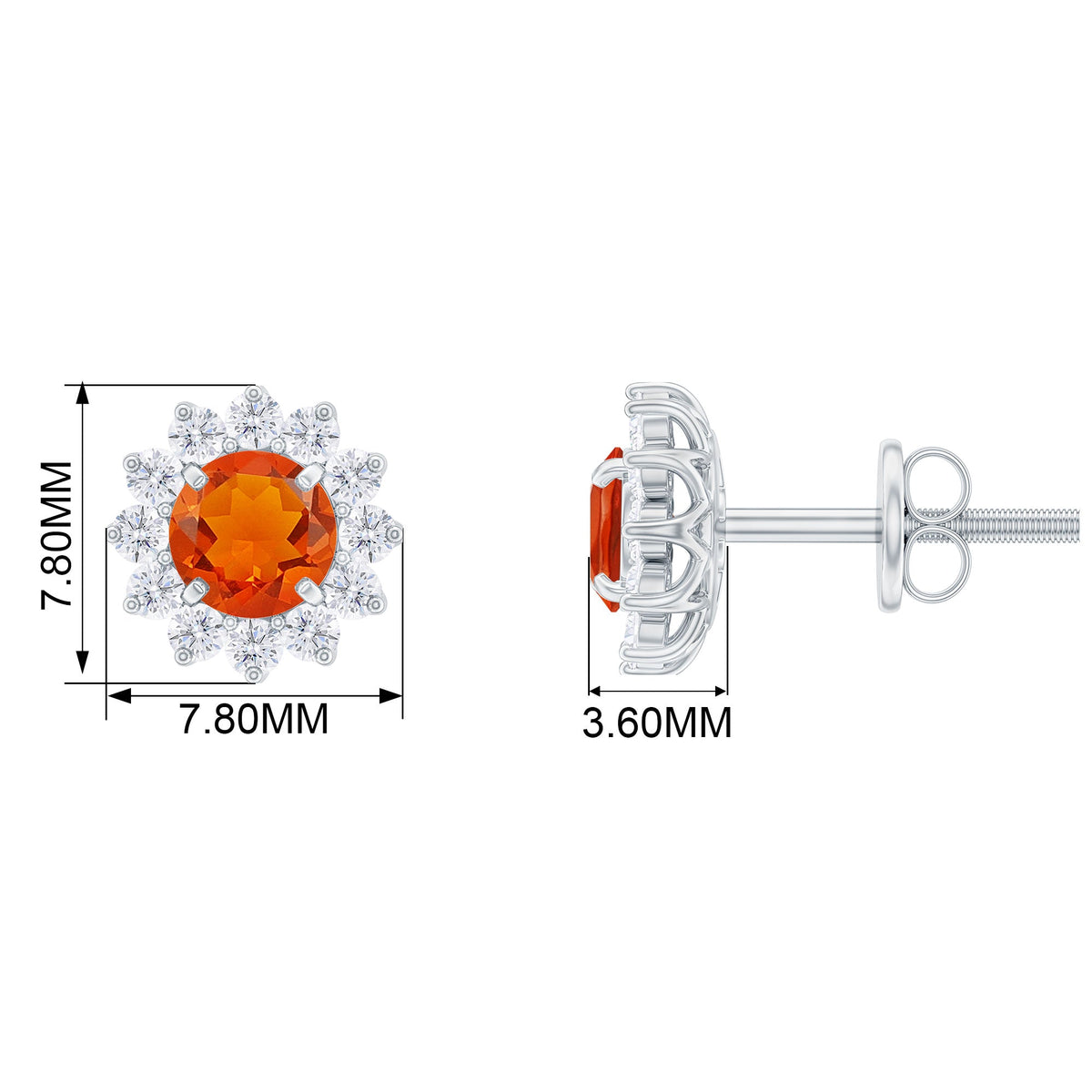Round Fire Opal and Diamond Flower Halo Stud Earrings