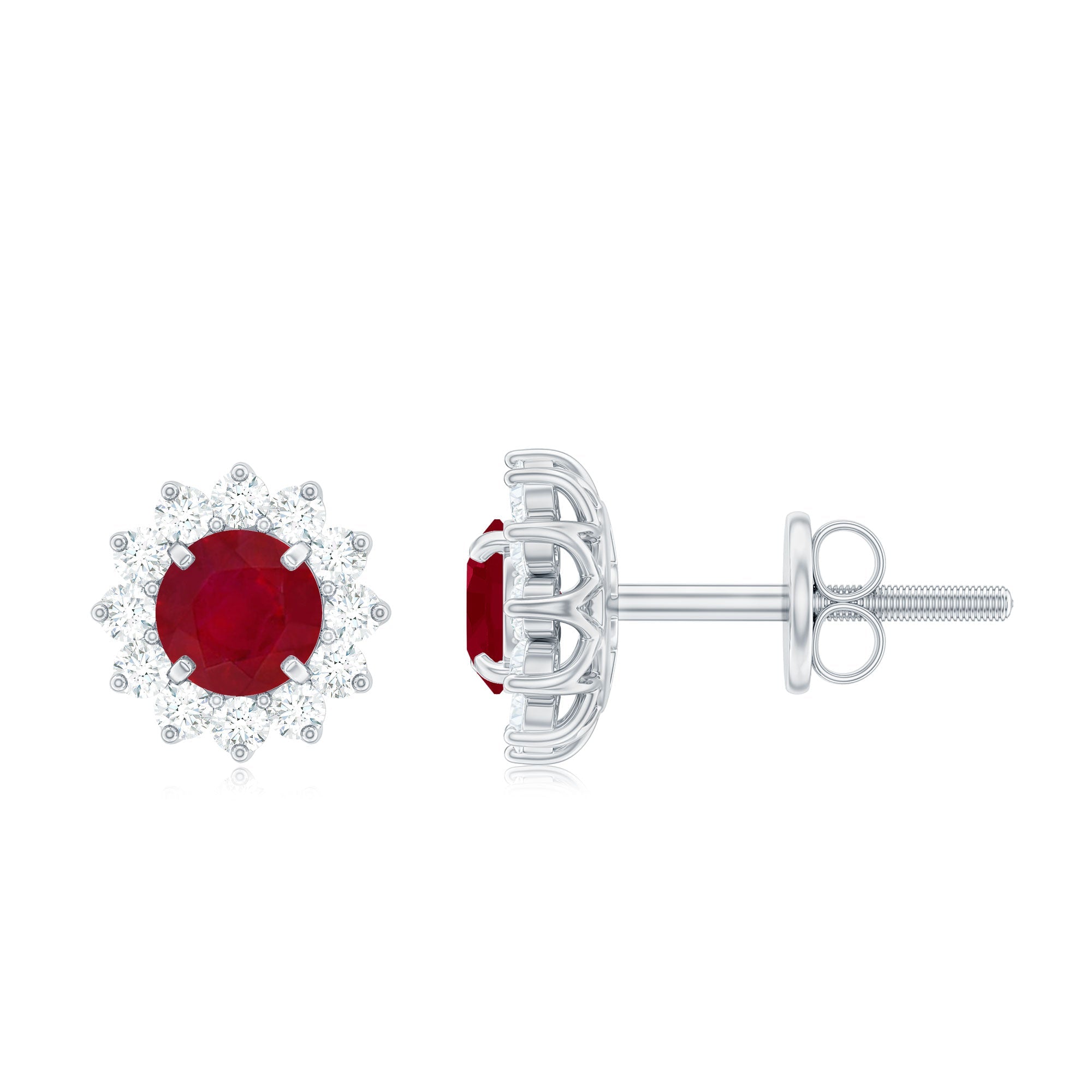 Natural 0.5 Ct Ruby Stud Earrings with Diamond Halo