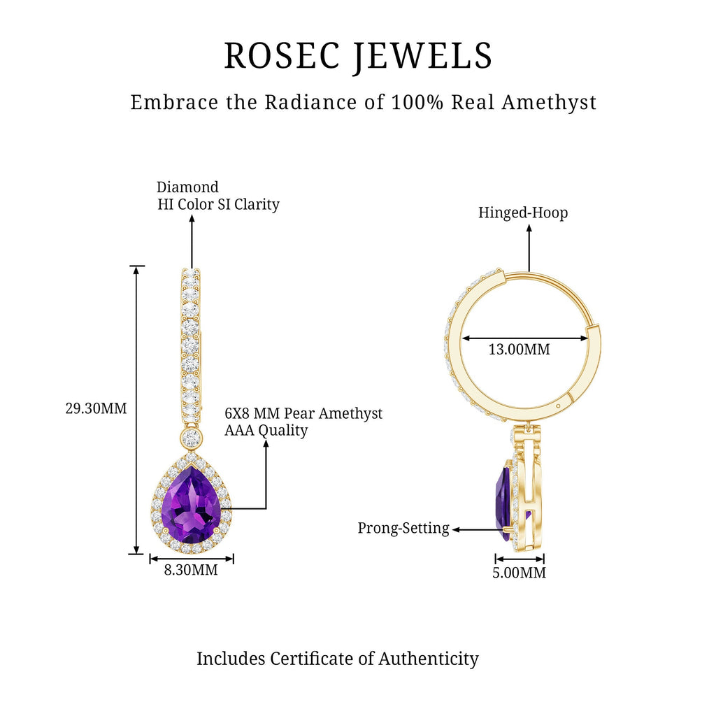 2 Carat Pear Cut Amethyst Hoop Drop Earrings with Diamond Halo