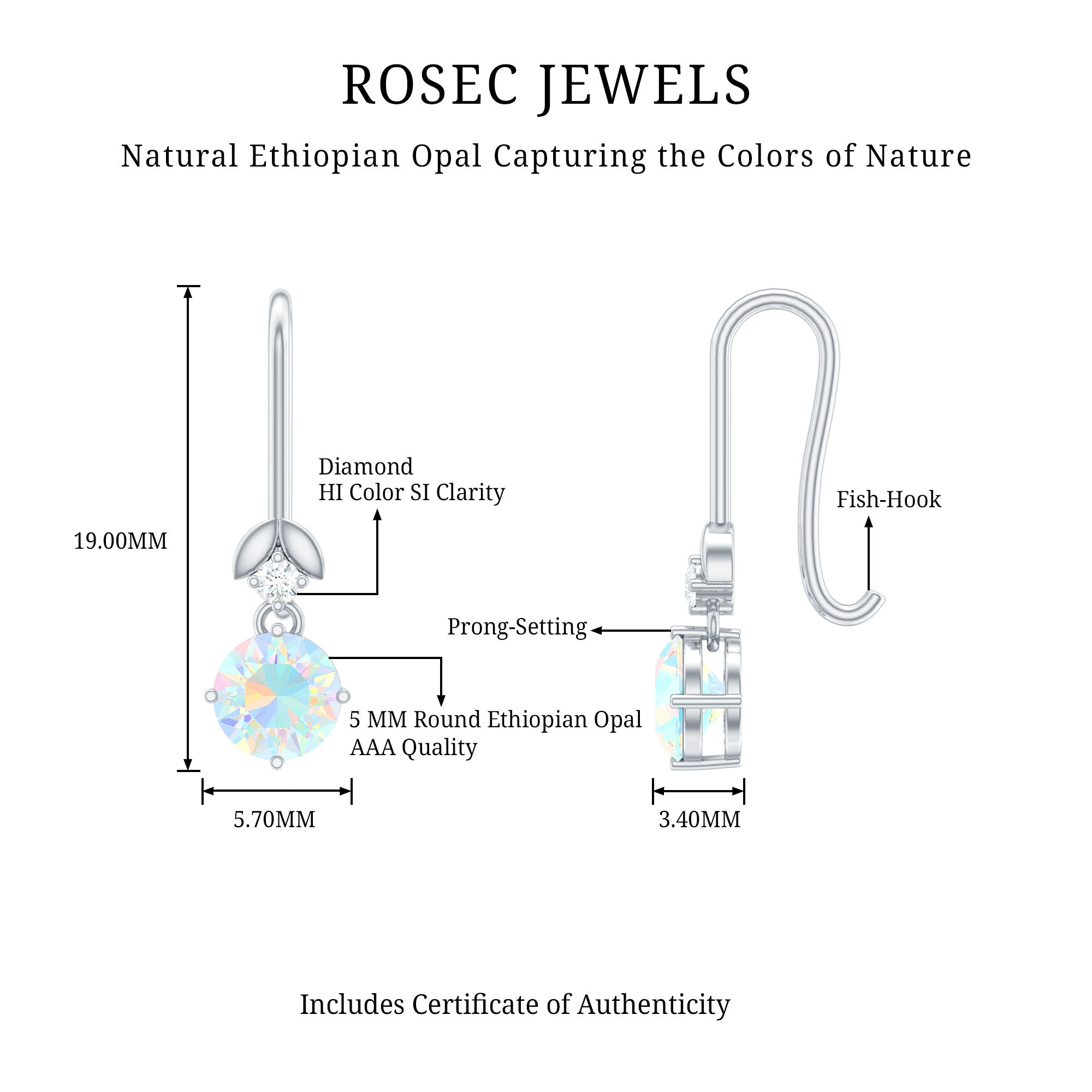 Round Ethiopian Opal and Diamond Drop Earrings with Fish Hook