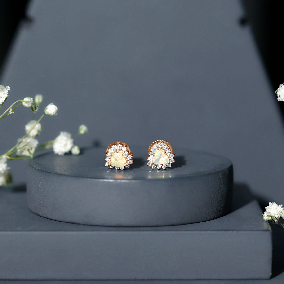 1.5 Carat Natural Ethiopian Opal Heart Earrings with Diamond Halo