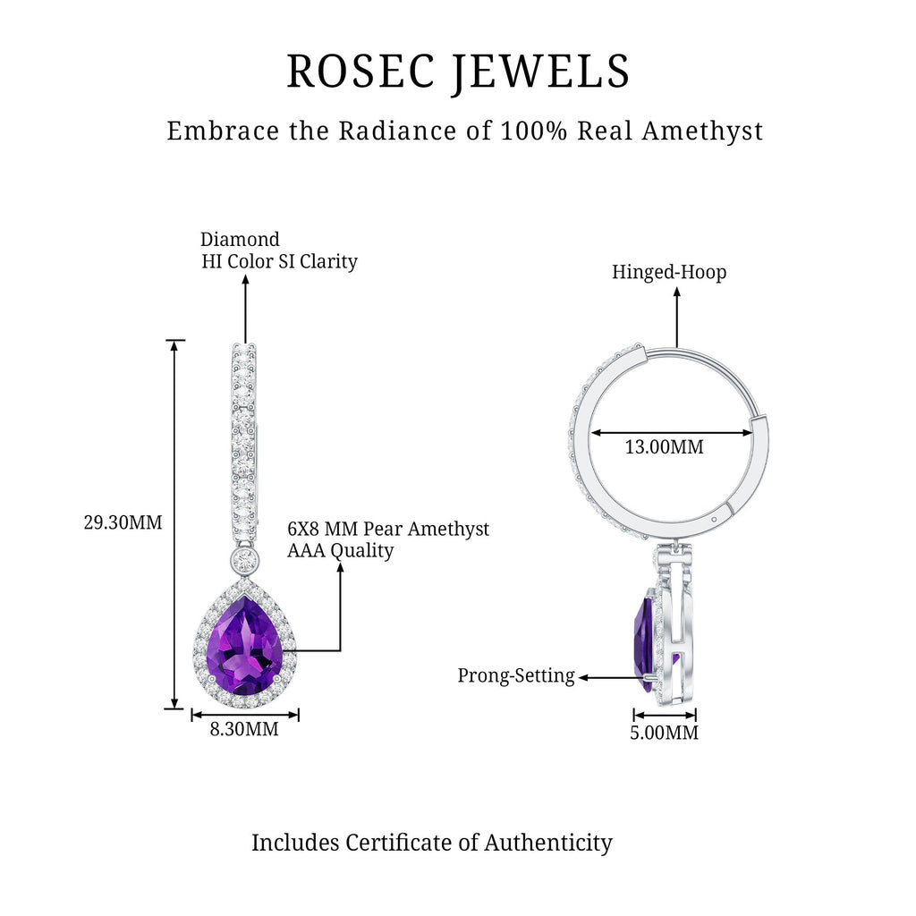 Natural Amethyst Teardrop Earrings with Moissanite Hinged Hoop