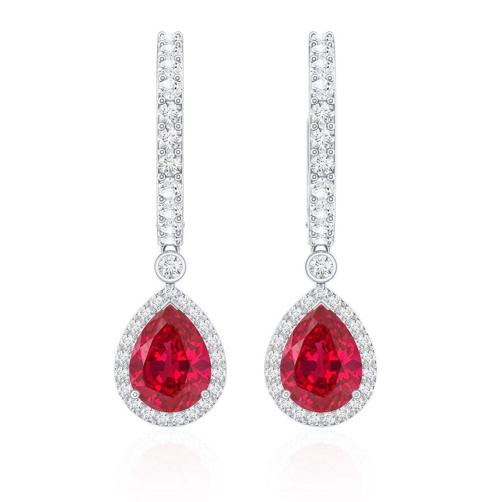 Lab Created Ruby and Moissanite Teardrop Hoop Earrings