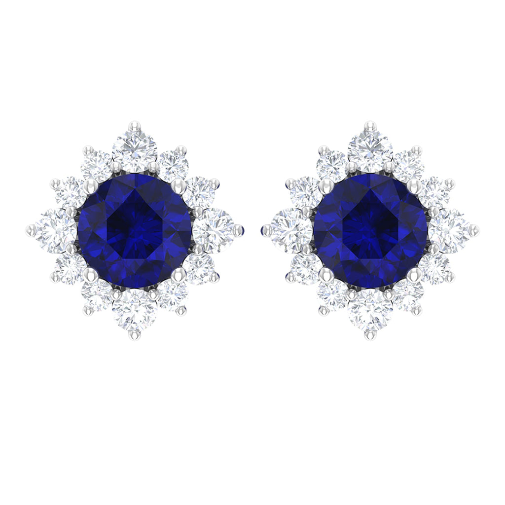 Genuine 0.8 Carat Blue Sapphire Stud Earrings with Diamond Halo