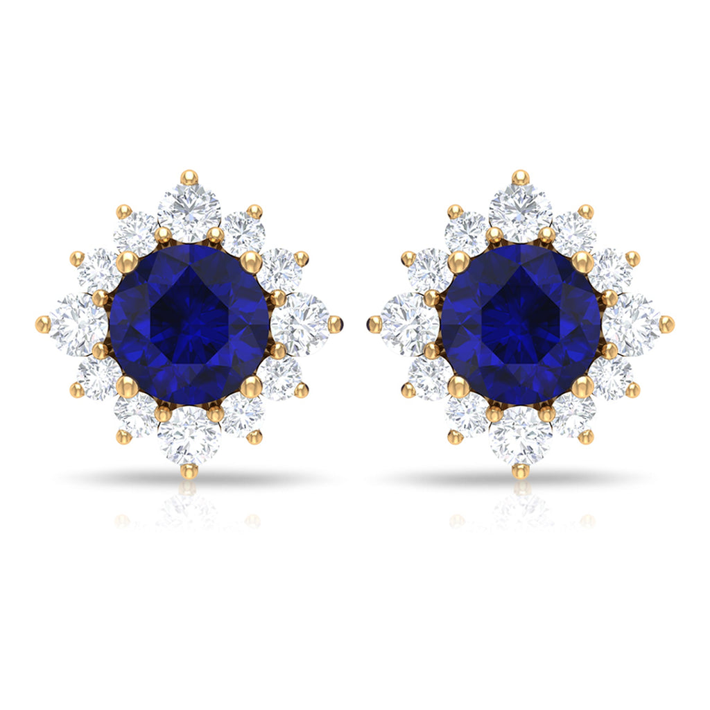 Genuine 0.8 Carat Blue Sapphire Stud Earrings with Diamond Halo