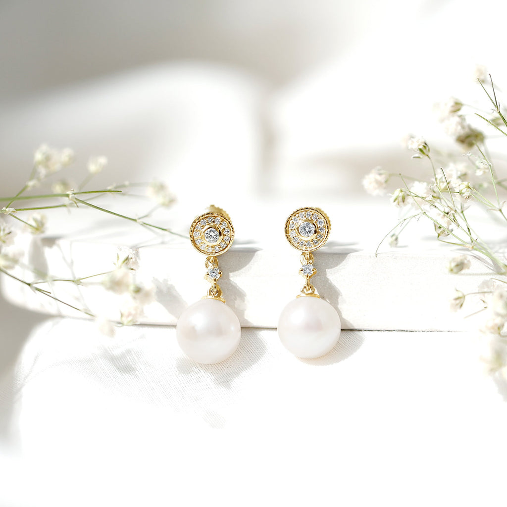 Real Pearl and Diamond Dangle Drop Earrings