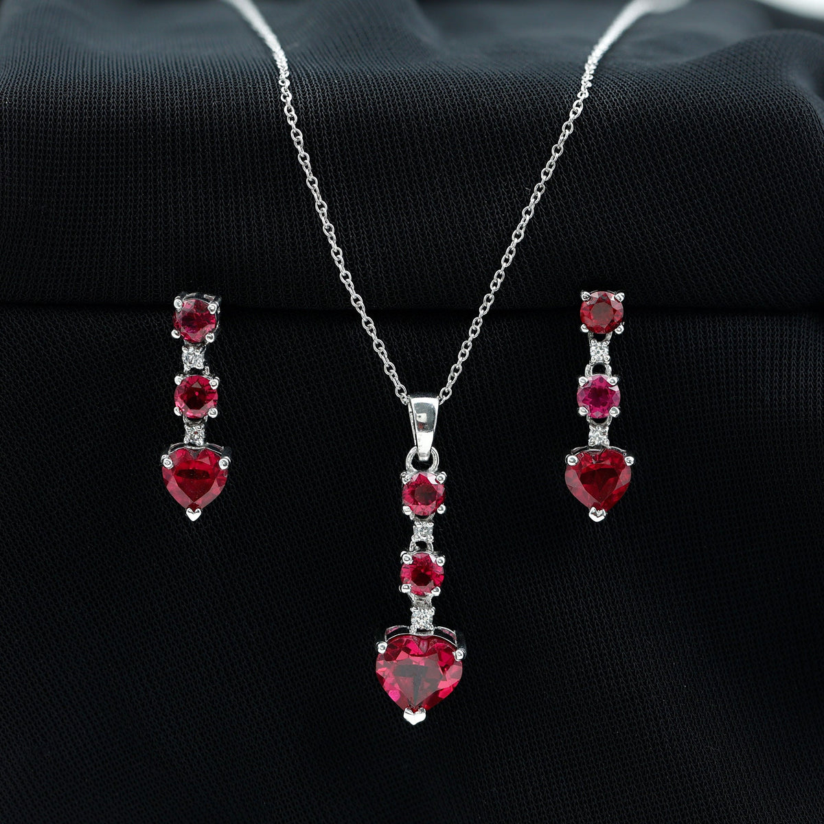 Certified Lab Grown Ruby Heart Necklace and Earrings Set With Diamond