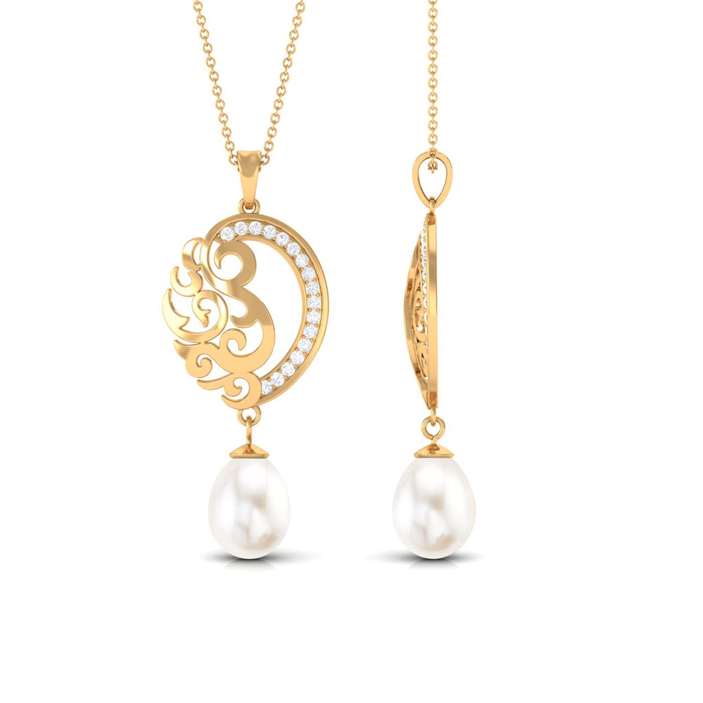 Freshwater Pearl Art Deco Drop Pendant with Diamond