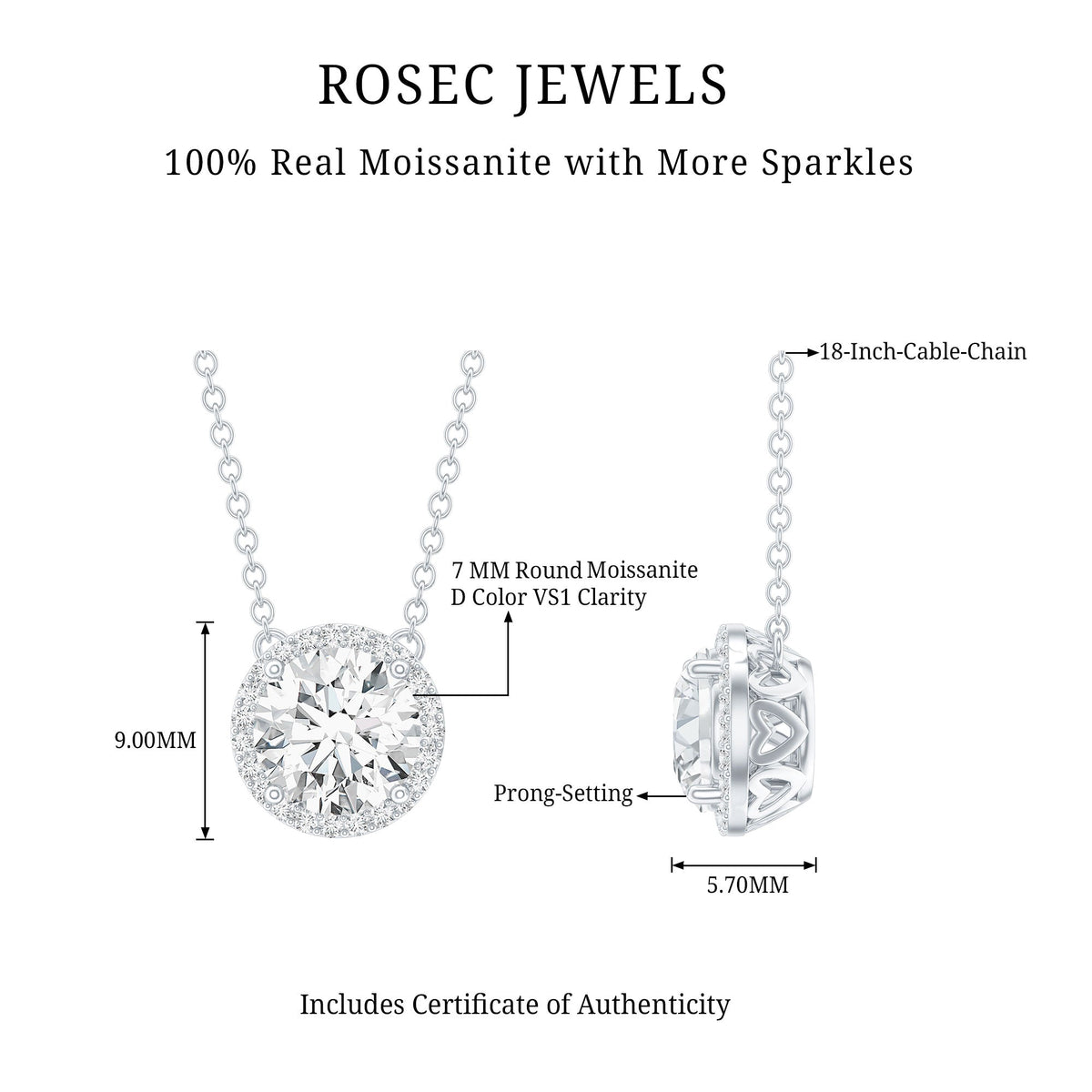 Certified Moissanite Halo Pendant Necklace in Prong Setting