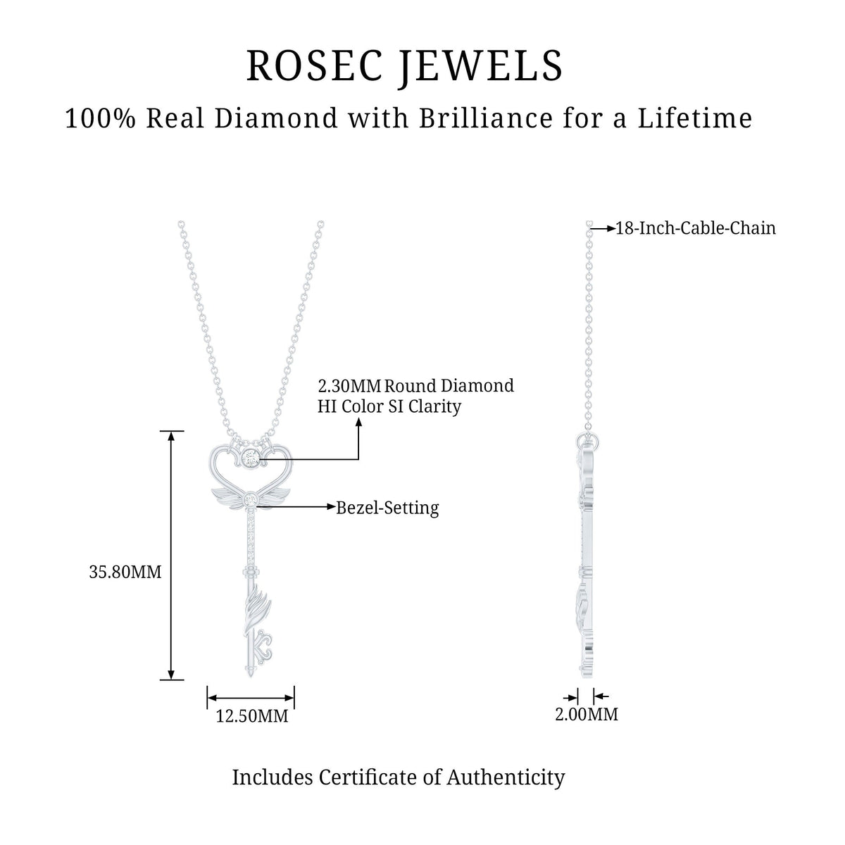 Diamond Key Necklace with Angel Wings