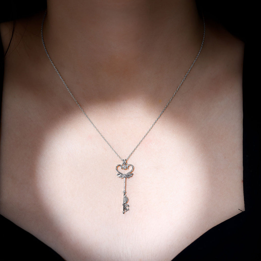 Diamond Key Necklace with Angel Wings