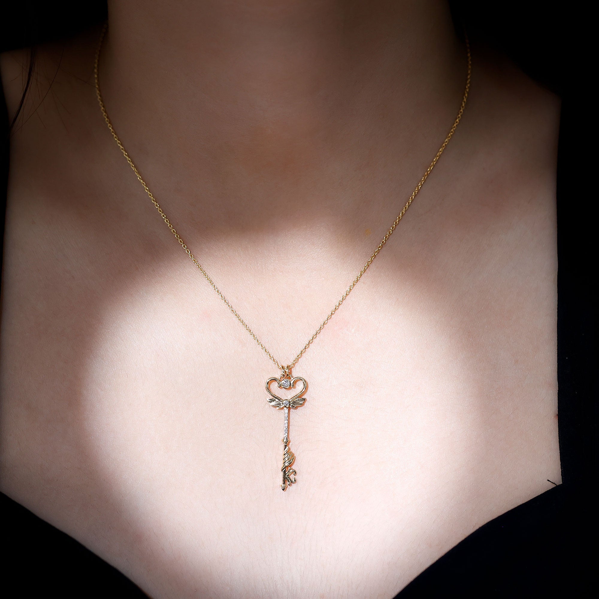 Diamond Key Necklace with Angel Wings