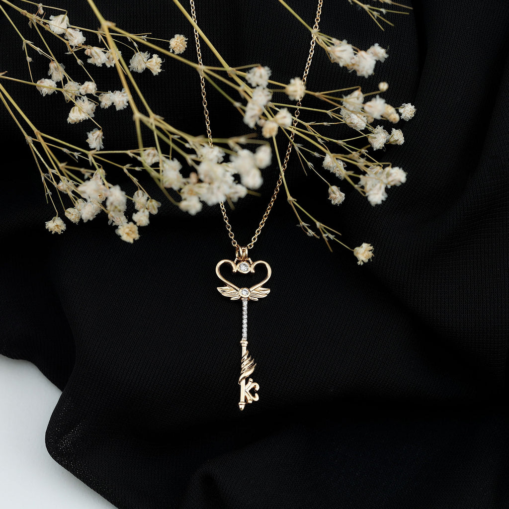 Diamond Key Necklace with Angel Wings