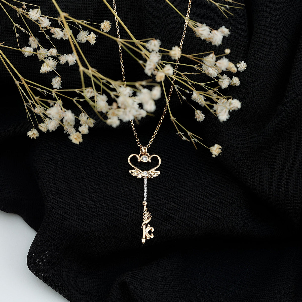 Diamond Key Necklace with Angel Wings