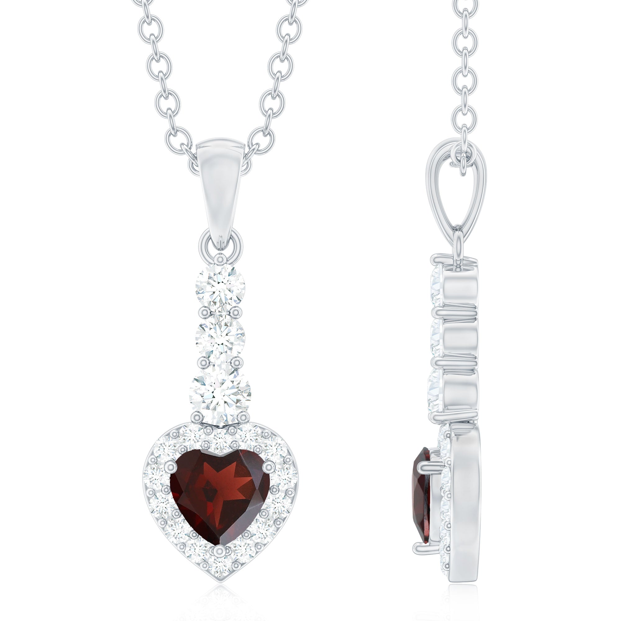 Garnet Heart Drop Pendant with Diamond Halo