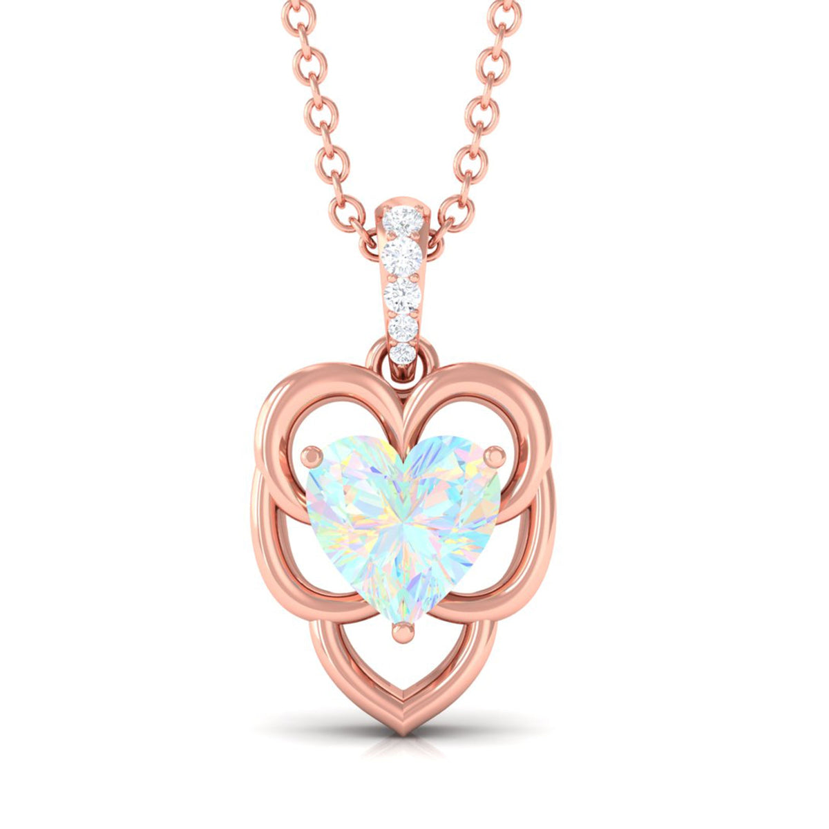 Natural Rainbow Opal Heart Pendant Necklace with Diamond
