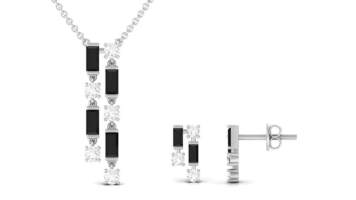 Real Baguette Shape Black Spinel Jewelry Set with Diamond