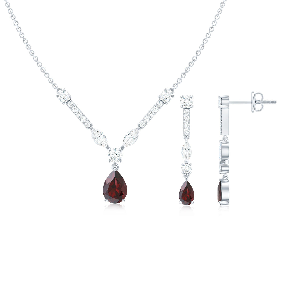Garnet Drop & Dangle Necklace and Earrings Set with Moissanite