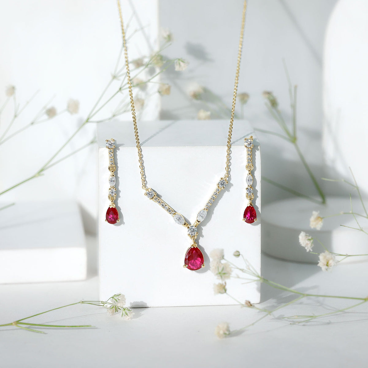 Lab Created Ruby and Moissanite Teardrop Necklace Earrings Set