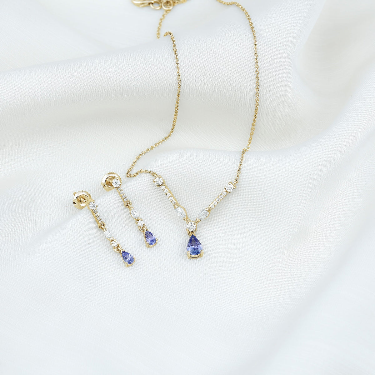 Tanzanite and Moissanite Drop Necklace Earrings Set