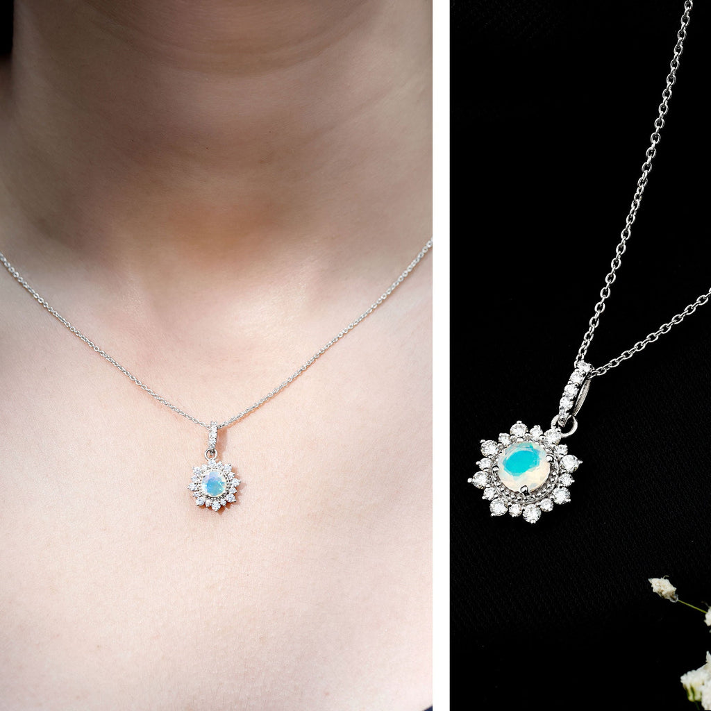 Natural 0.8 Ethiopian Opal Flower Necklace with Diamond Halo