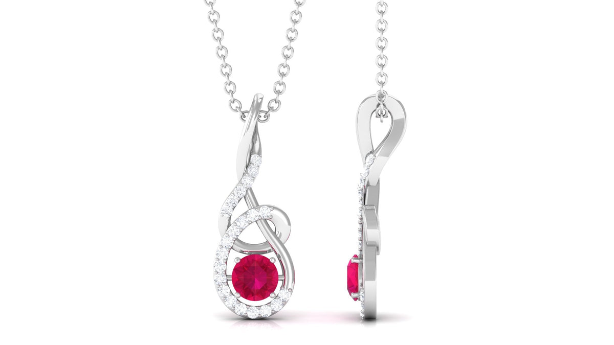 Designer Round Ruby and Diamond Twisted Drop Pendant