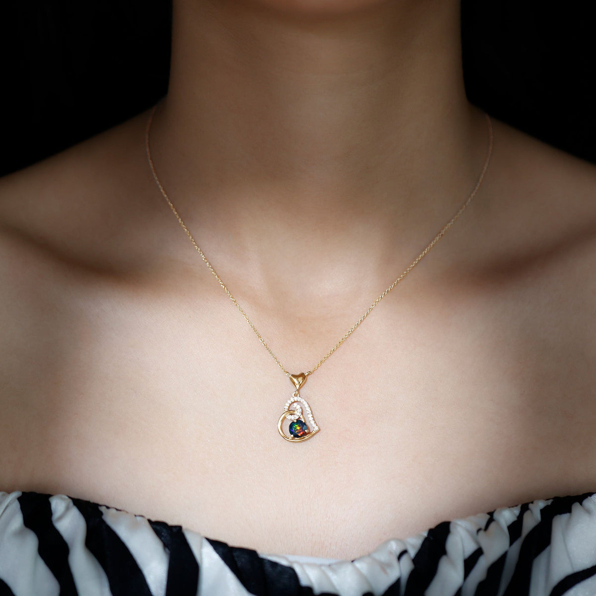 Genuine Black Opal and Moissanite Heart Drop Necklace
