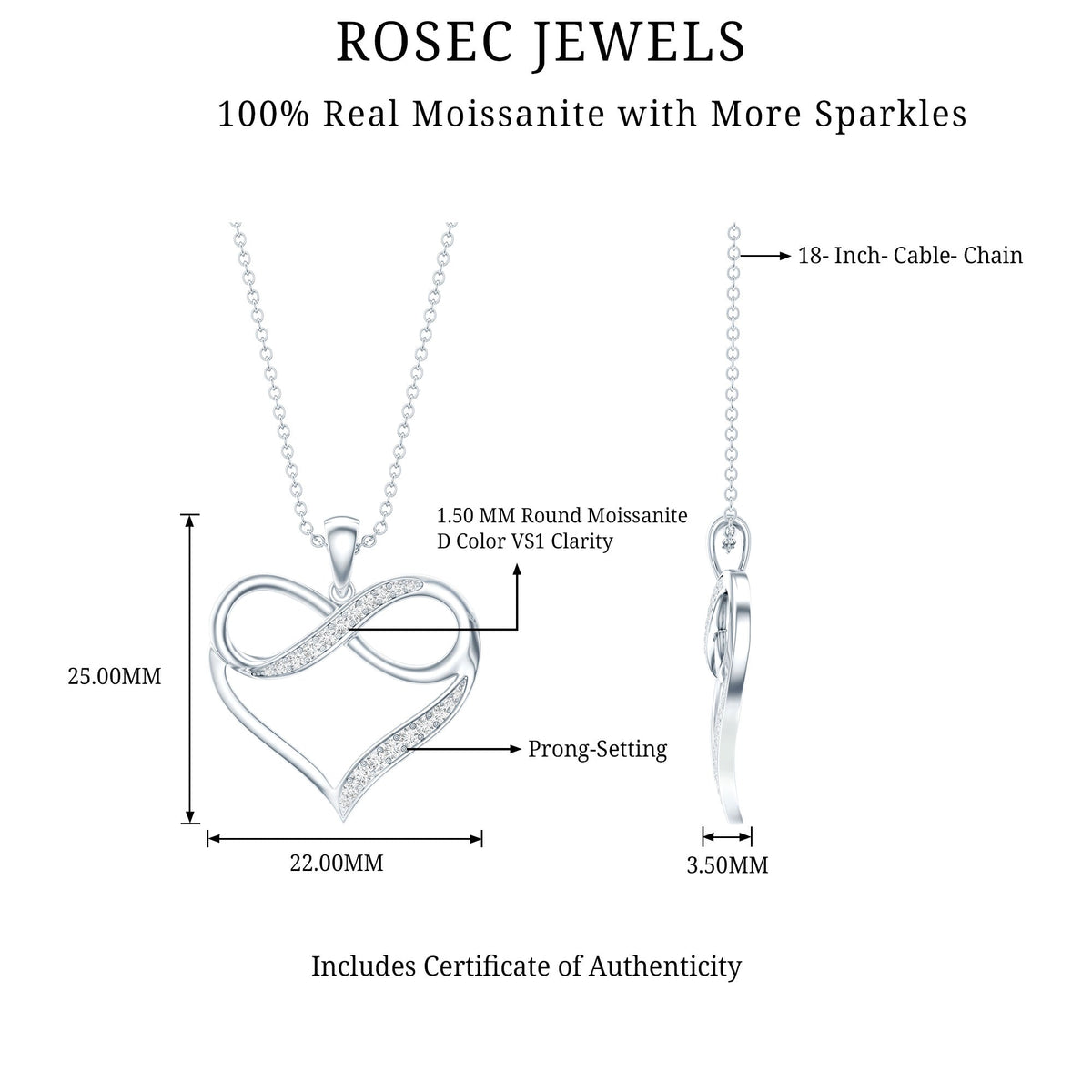 Certified Moissanite Heart and Infinity Necklace with Silver Chain