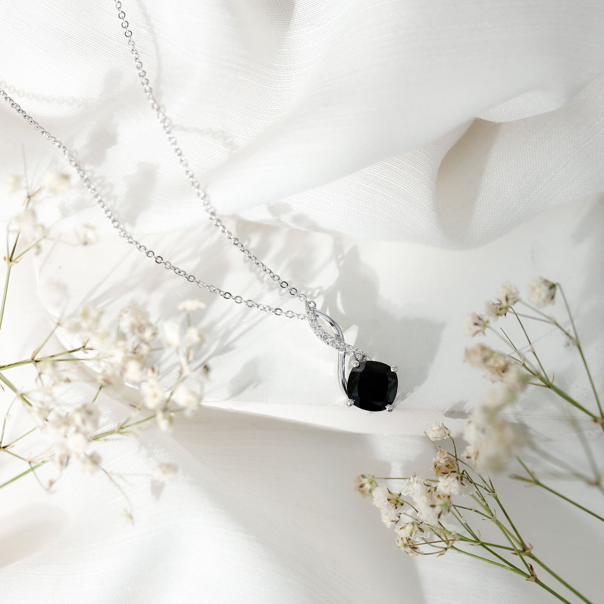 2 Carat Cushion Cut Black Spinel and Diamond Infinity Necklace