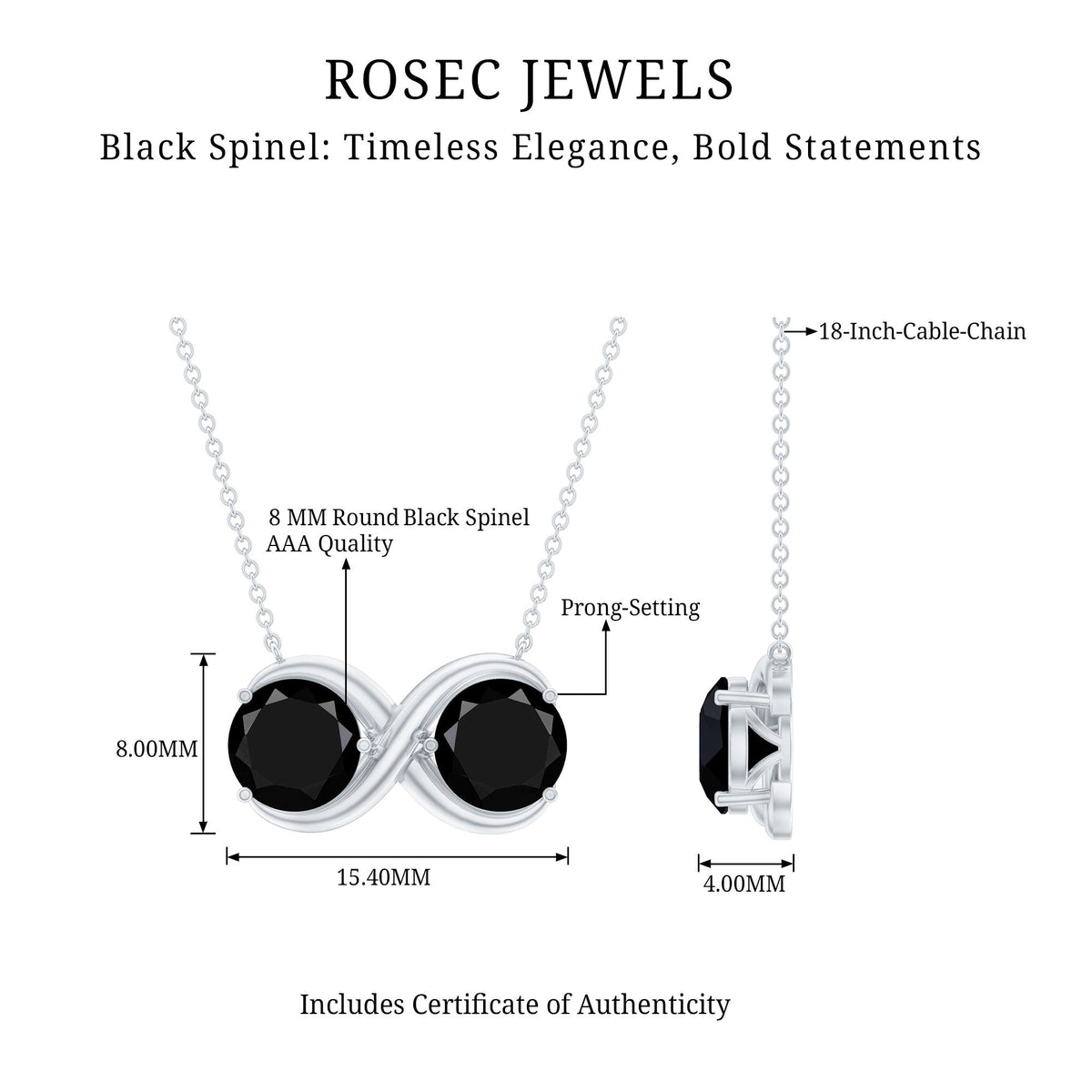 Round Cut Black Spinel Two Stone Infinity Necklace