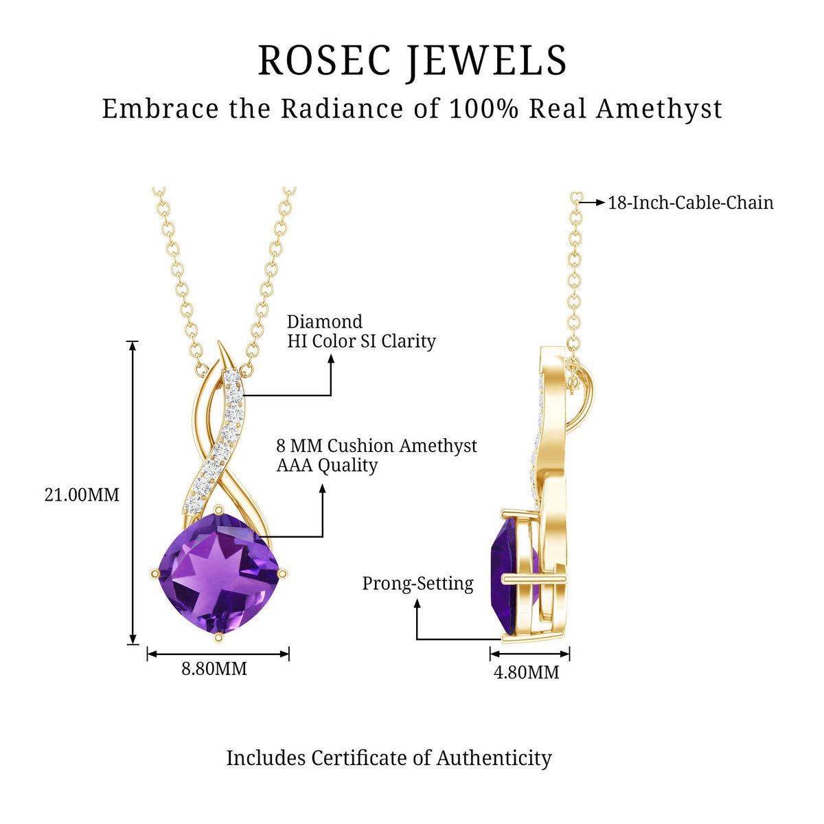 Natural 2 Carat Cushion Cut Amethyst Infinity Necklace with Diamond