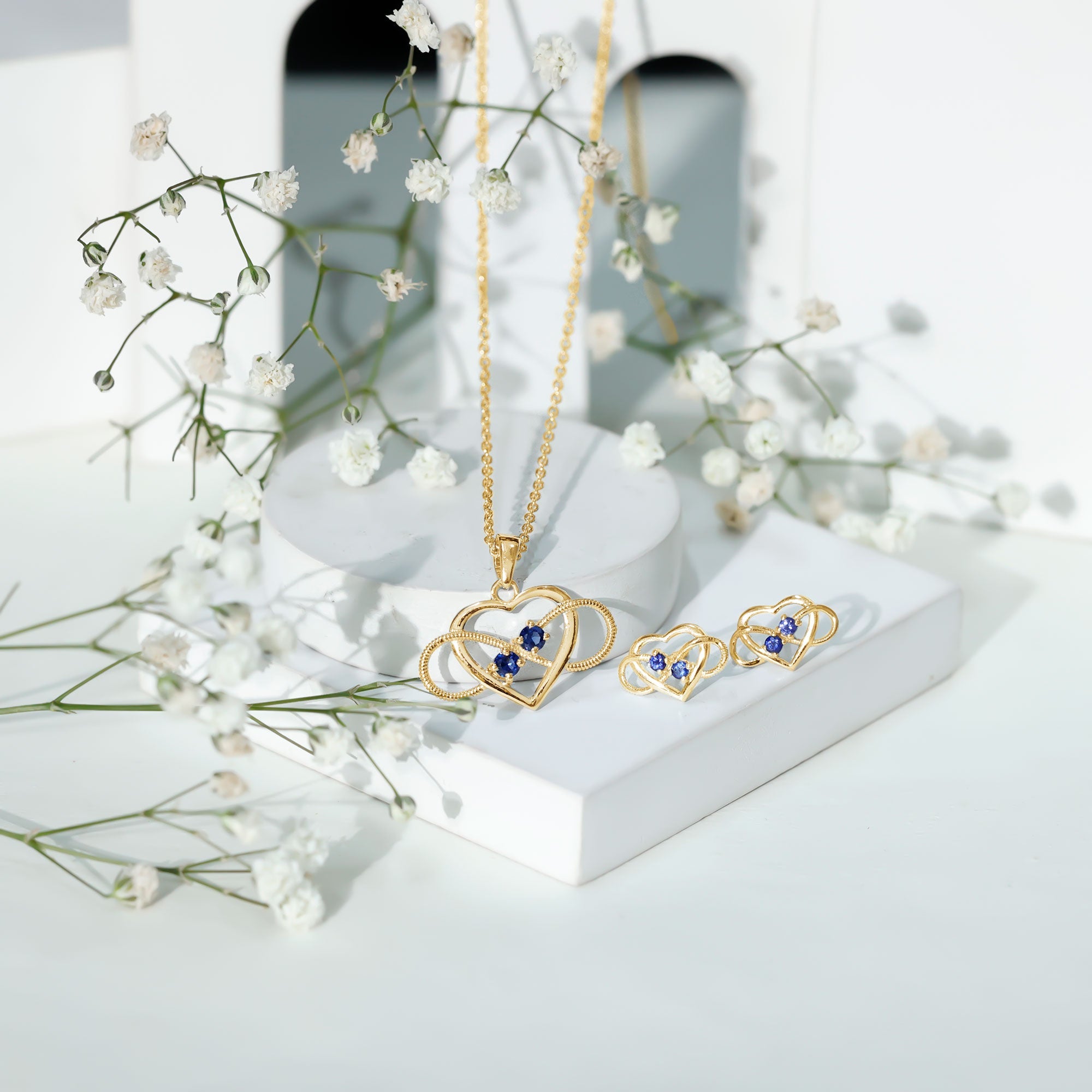 Lab Grown Blue Sapphire Infinity Heart Jewelry Set