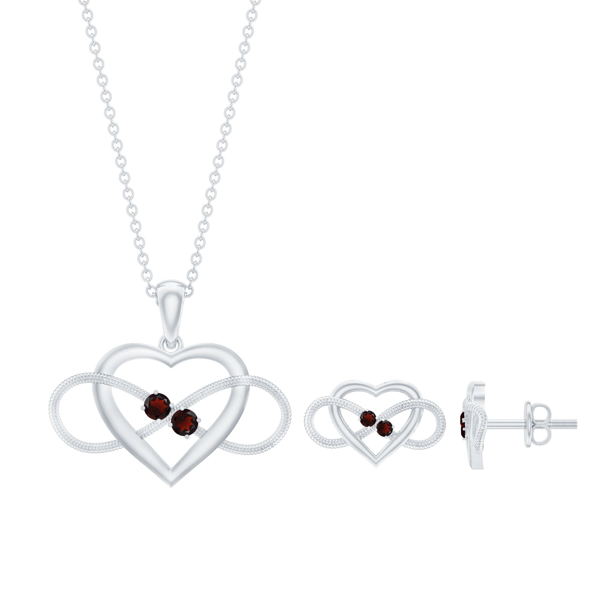 Natural Garnet Heart Infinity Necklace and Earrings Set