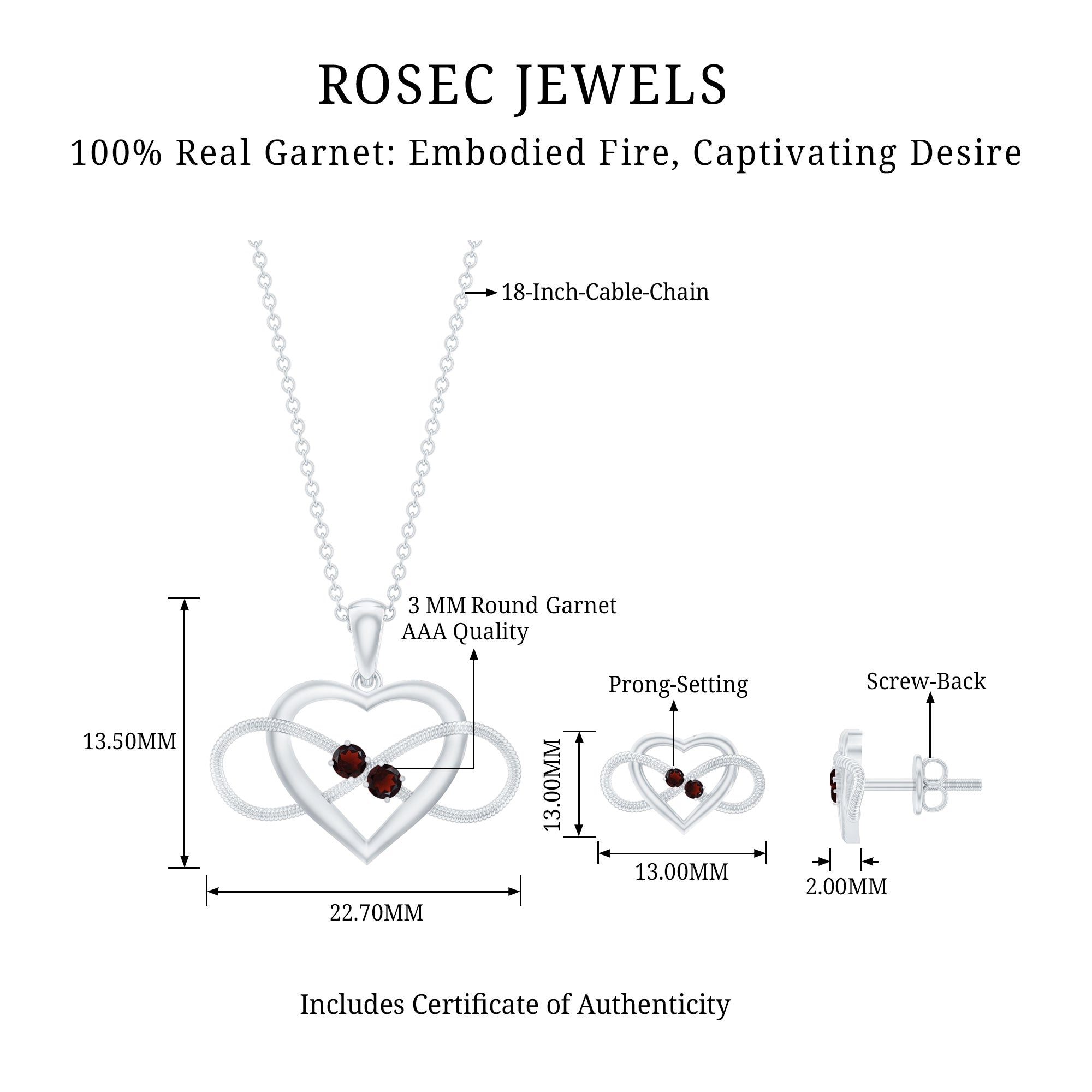 Natural Garnet Heart Infinity Necklace and Earrings Set
