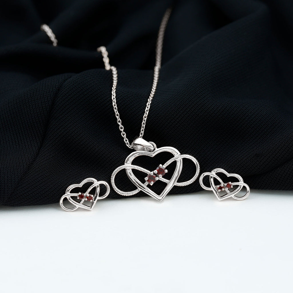 Natural Garnet Heart Infinity Necklace and Earrings Set