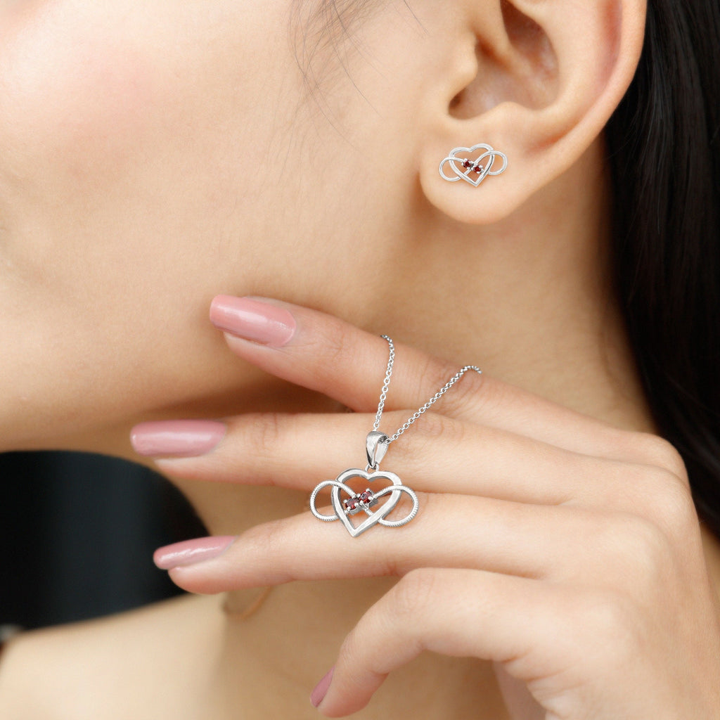 Natural Garnet Heart Infinity Necklace and Earrings Set