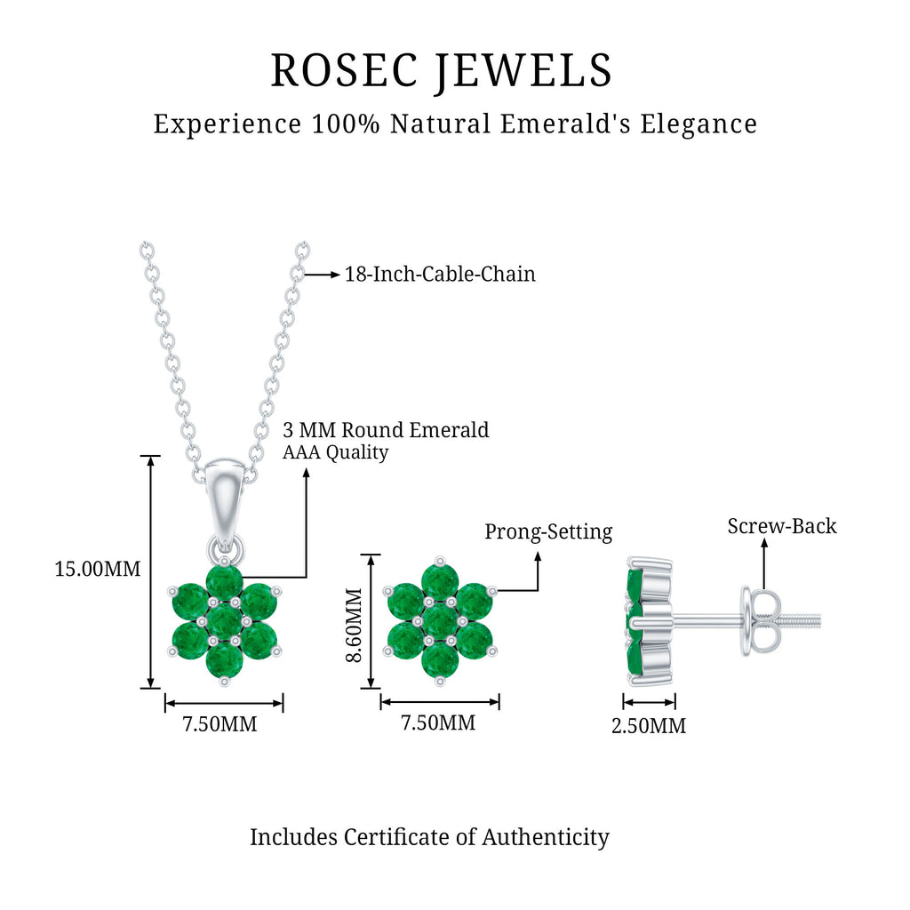 Genuine Round Cut Emerald Flower Necklace and Earrings Set