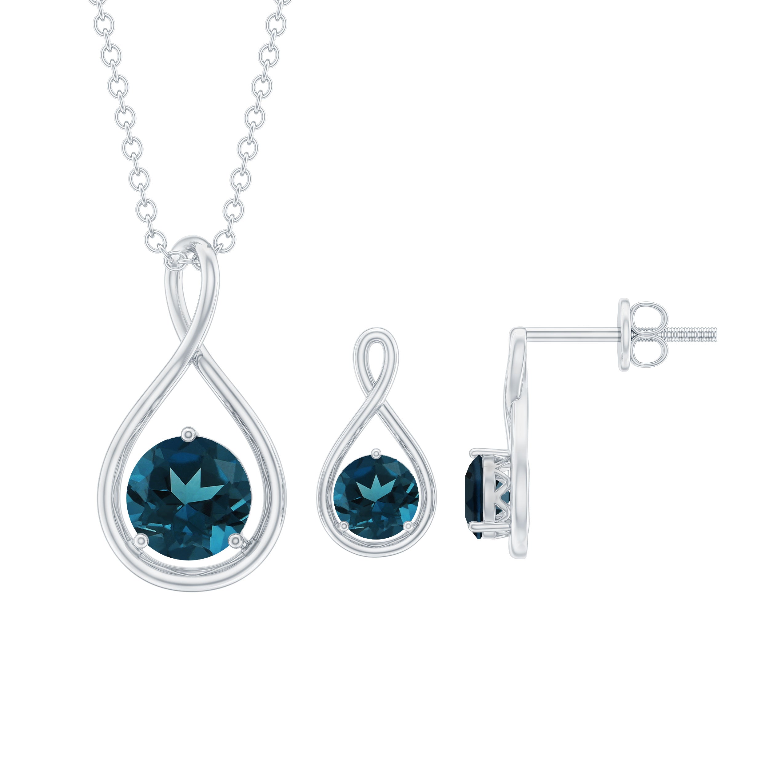 Round London Blue Topaz Infinity Pendant and Earrings Set