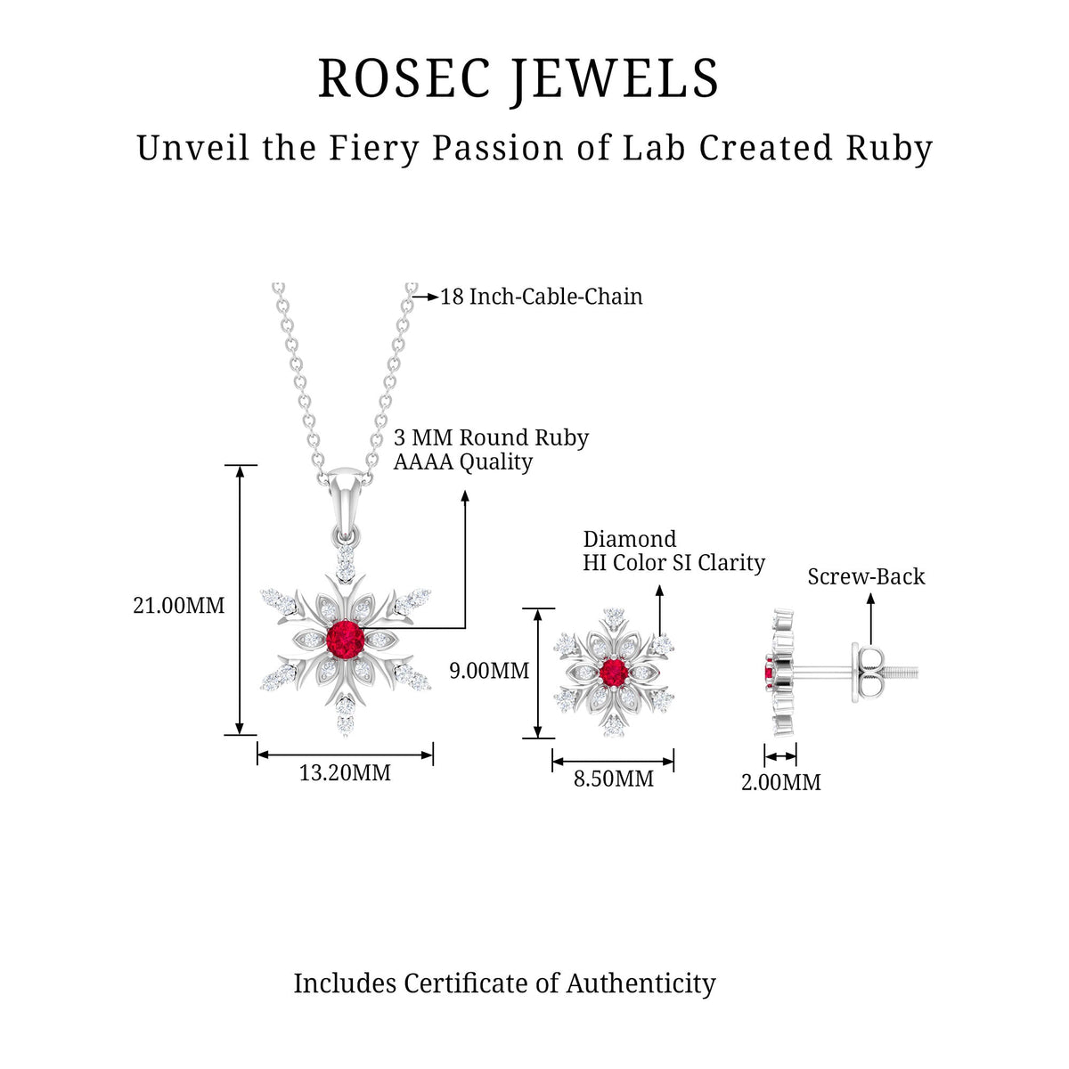 Lab Grown Ruby and Diamond Snowflake Necklace With Earrings