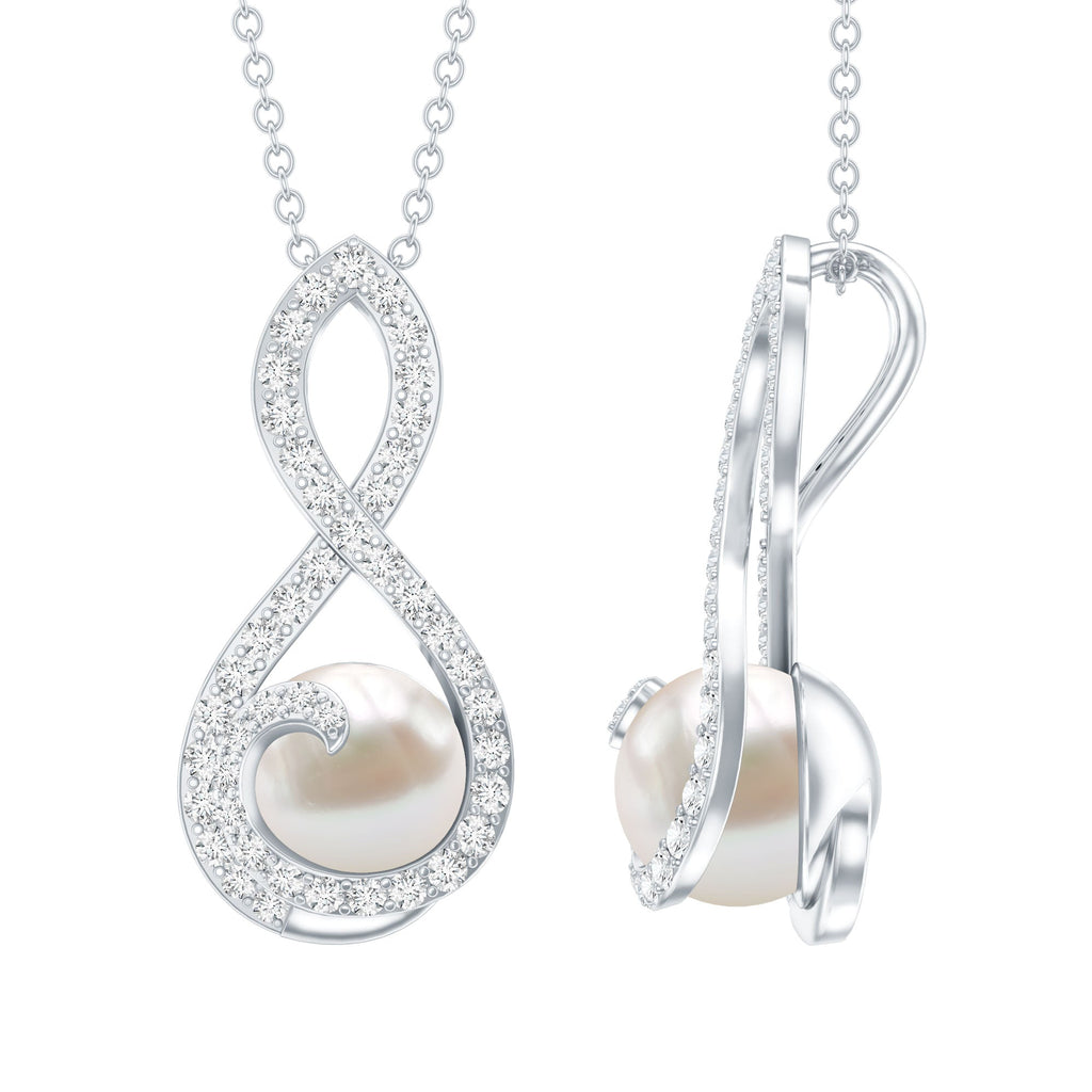 Freshwater White Pearl and Moissanite Infinity Pendant in Silver